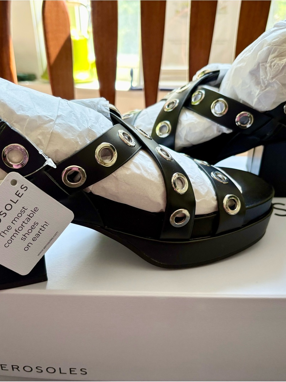 AEROSOLES Black Platform Sandals with Silver Grommet Detail